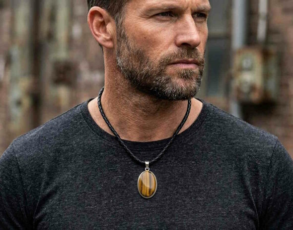 Tijgeroog hanger in zilver (groot)